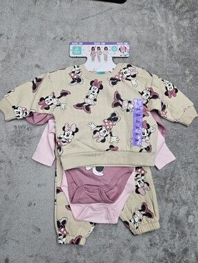 Disney Minnie Mouse 3-Piece Baby Outfit Set, Size 3M Sweatshirt + Bodysuit Pants